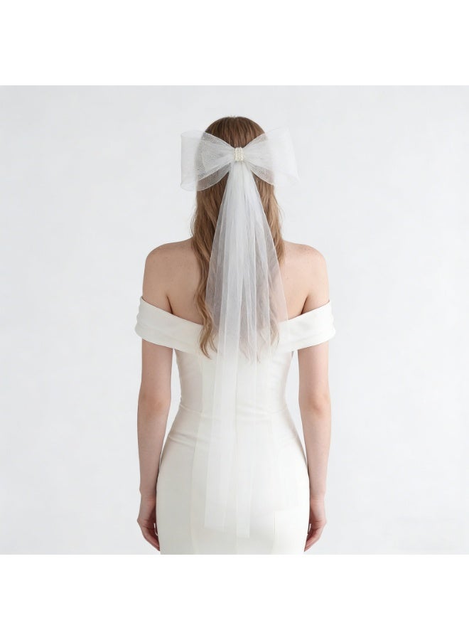 White Bridal Veil with a bow Pearls Bows Multi-Layer Semi-Transparent Tulle Brides Veil with Hair Comb - Image 1
